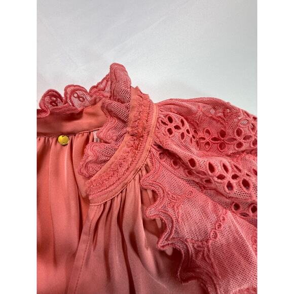 Kobi Halperin Daphne Embroidered Mesh-Sleeve Silk Blouse in Sherbet Pink Size S - Picture 9 of 16